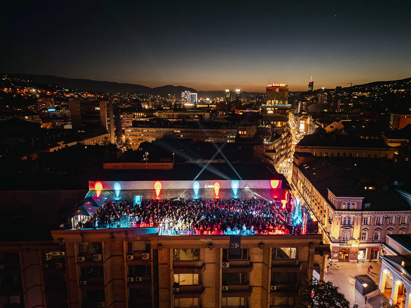 Drone shot of the Svjetlost Rooftop