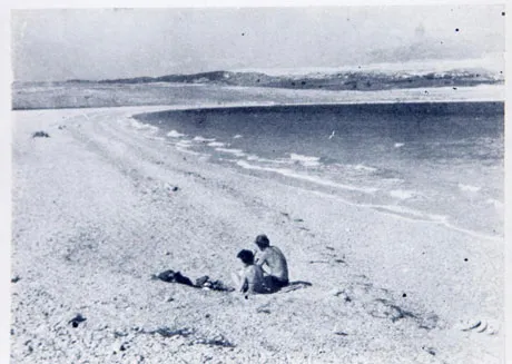 Black-and-white photo of an unrecognisably empty Zrće beach (1968)